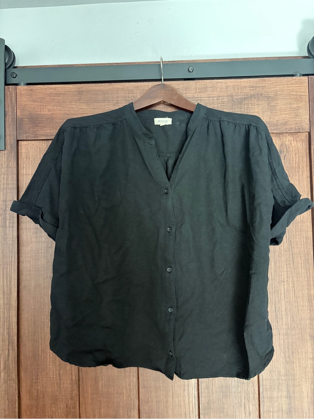 Roolee Black Short Sleeve V-Neck Button Down Shirt